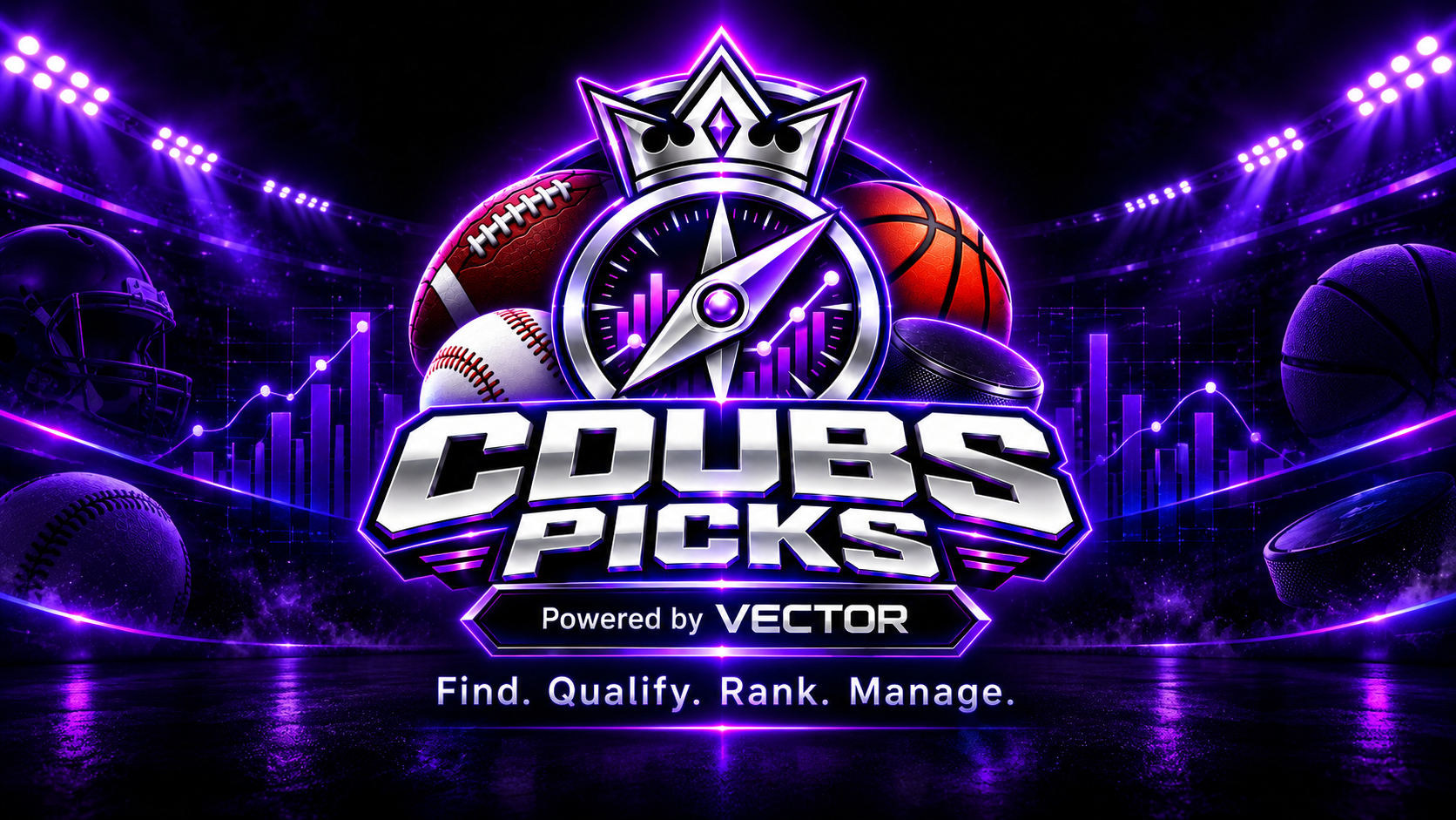 CDUBS PICKS. Powered by VECTOR. Find. Qualify. Rank. Manage. Chrome crown and compass in a purple-lit sports stadium.